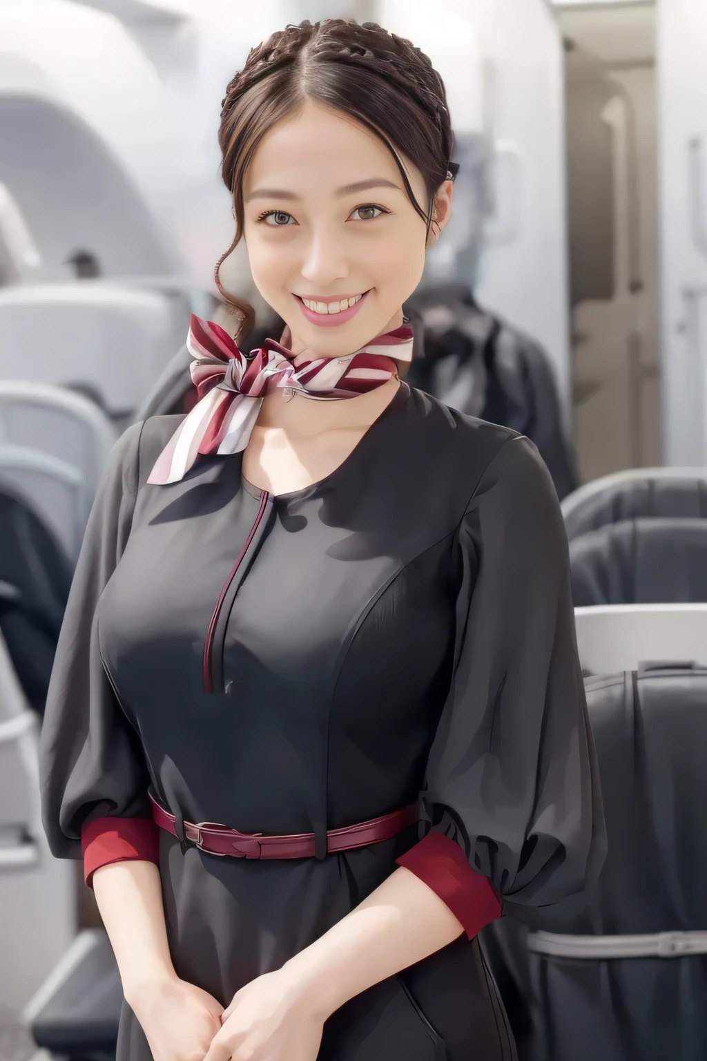 (masterpiece:1.2,  top quality :1.2), 32kHDR,  high definition  , (Alone、  1 girl)、（ on board）、In-flight background、（  wearing a JAL flightattendant uniform  ）、（（ short sleeve jumper skirt in a JAL flightattendant uniform {x} JAL flightattendant uniform 、Red belt wrapped around the waist  、 Scarf around the neck ））、  dark brown hair  、（  Super Long Hair Wrap Hair、Braid Wrap Up Hair ）、 、 long hit 、Big Breasts、Thin legs、（（ amazing hands：2.0）），（（ harmonious body proportions ：1.5）），（（Normal limbs：2.0）），（（Usually ：2.0）），（（ Delicate eyes：2.0）），（（Normal eyes：2.0））)、smile、（ beautiful standing figure wearing a JAL flightattendant uniform  ）、Hands folded under the body 