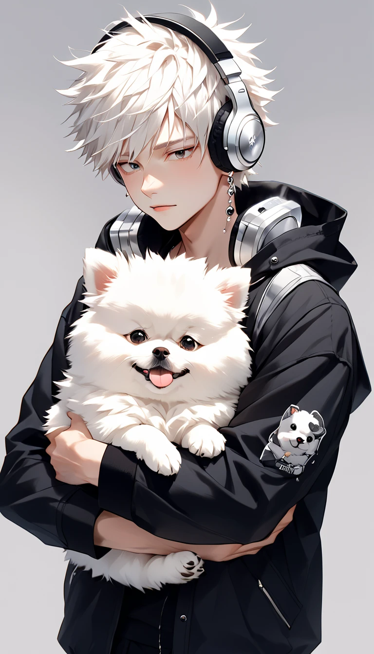 "A young man with bright white hair, bright skin, and the soft expression , wearing an oversized black jacket.  He wears silver headphones around his neck and has earrings in his left ear .  The man hugs an adorable-looking white fluffy Pomeranian dog.  The background is plain white ,  gives full focus to the character of the man and his dog ."