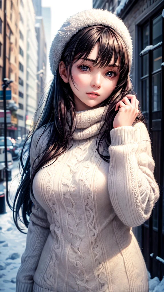 Highest quality,masterpiece,super high res,8k,( photorealistic:1.4),one young girl,Beautiful face in every detail,Age 25,long hair,makeup,Winter outdoors,Warm clothes,Cute and delicate face,Upper Body Shots,Asian woman in winter fashion posing outdoors,beautiful charming anime woman,beautiful detailed body and face,Photorealistic Perfect Body,very detailed,Complex body