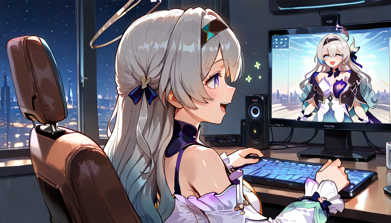 ((top quality)),((masterpiece)),((perfect face)),(ultra-detailed),ultra high res, 8k, 2girls, firefly (honkai: star rail), robin (honkai: star rail), city lights, happy, gaming, computer screen, anime style, exquisite, (very aesthetic:1.2), (absurdres:1.2), (detailed background),newest, perfect anatomy, 