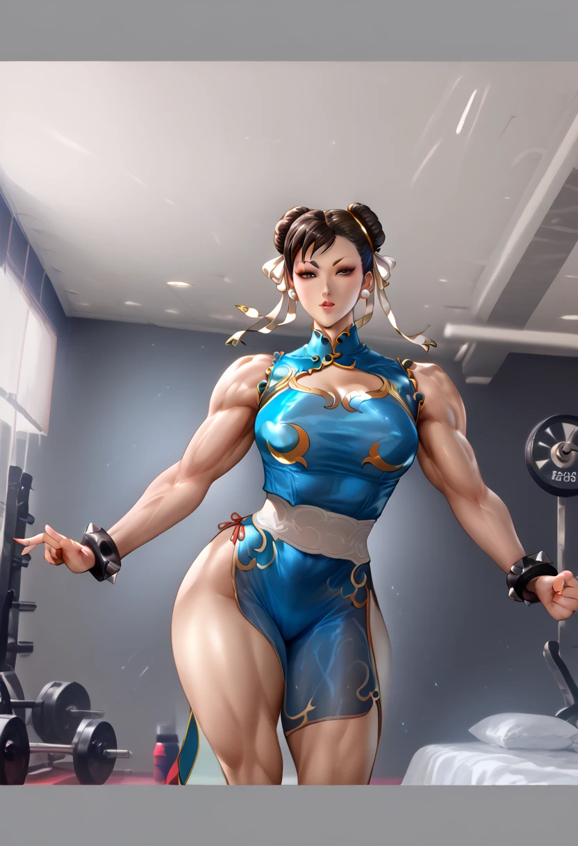 Horny woman in a blue and gold swimsuit standing on a bed, posing and flexing, Chun-li at the gym, Chun-li, chun-li, strong pose, Chun-li, in a blue qipao, Very beautiful.  large muscles , power pose, wenfei you, incredibly strong and tall, full body pose, Jade woman dressmaker gorgeous 