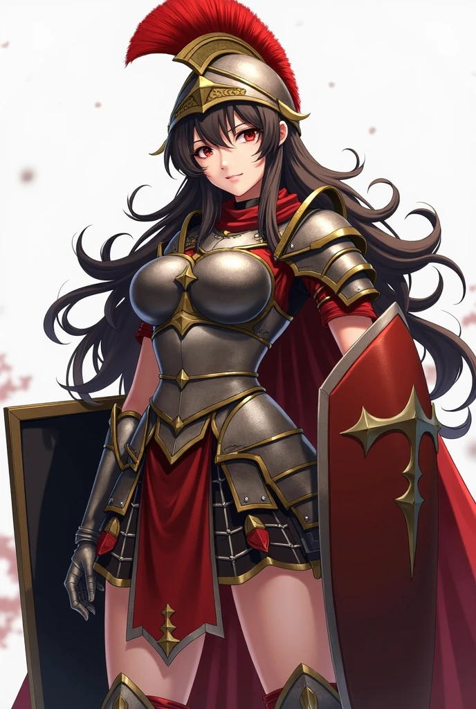 1woman, long sword, plate armor, black hair, drill hair, red eye, long dress, armored dress, (boobplate), muscular thighs, thick thighs, huge , gigantic breasts, long breasts, wide hip, big ass, mini crown on head, breast plate, skindantation, decorative armor, breasts apart, thighs boots, gold trim armor, red cape, long hair, red lips, makeup, holding scepter, scepter of the cross, plump, front view, open stance, muscular, shiny skin, red gem earrings, queen, thighband, gold cross, bangs, metallic,