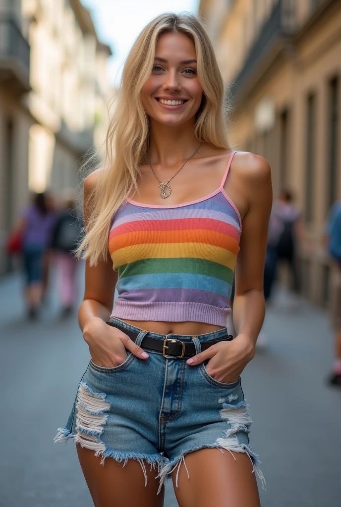 Hyper realistic and detailed full body photo of sexy blonde swedish smiling beautiful woman walks forward and looks directly at the camera with a finger in front of her lips wearing a short colorful casual outfit. sun is shining. Perfect butt. Sharp light. perfect eyes, (Eye makeup:1.1), (highly detailed skin:1.1), RAW, analog style, sharp focus, 8k UHD, DSLR, high quality, Fujifilm XT3, grain, award winning, masterpiece.