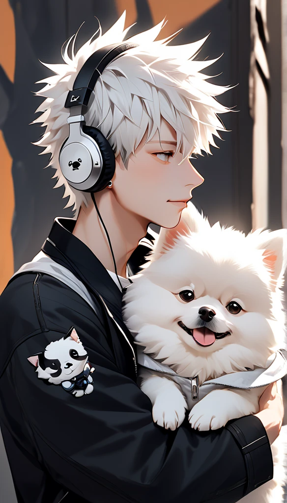 "A young man with bright white hair, bright skin, and the soft expression , wearing an oversized black jacket.  He wears silver headphones around his neck and has earrings in his left ear .  The man hugs an adorable-looking white fluffy Pomeranian dog.  The background is plain white ,  gives full focus to the character of the man and his dog ."