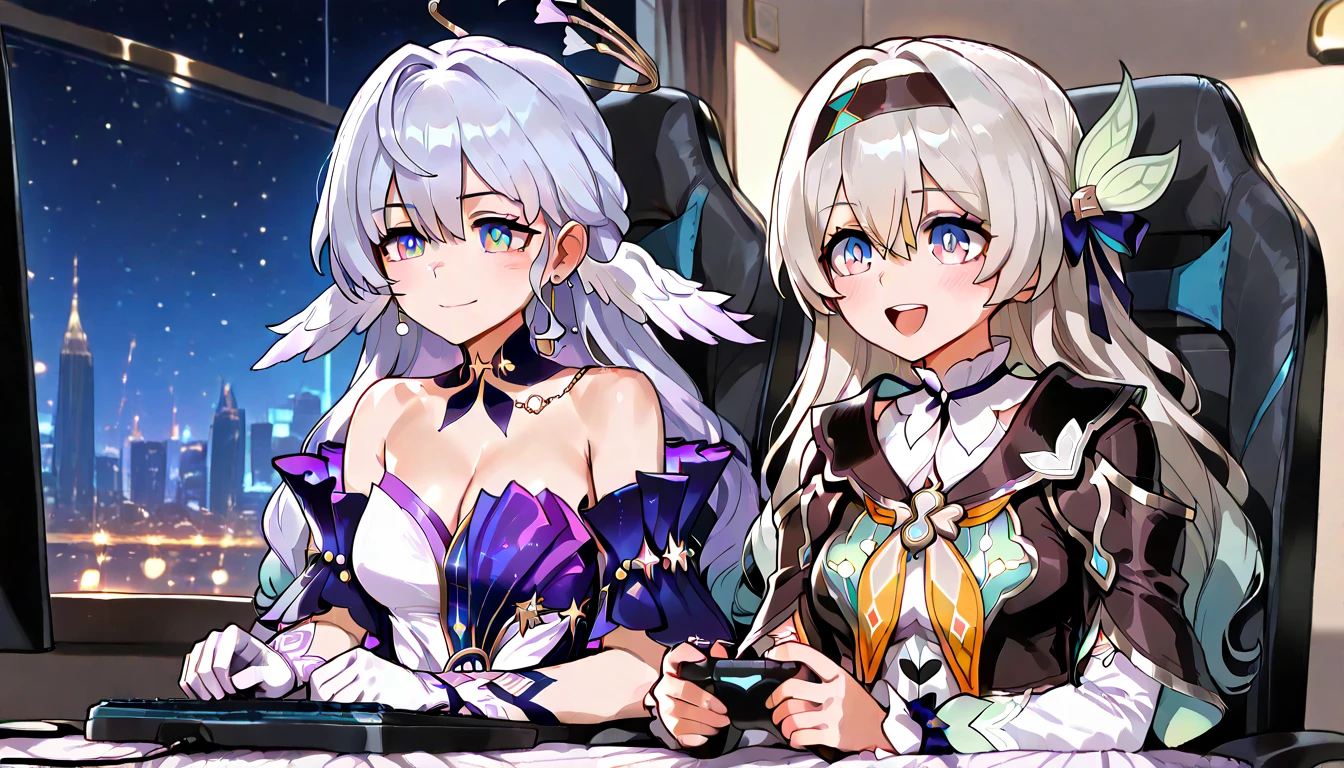 ((top quality)),((masterpiece)),((perfect face)),(ultra-detailed),ultra high res, 8k, 2girls, firefly (honkai: star rail), robin (honkai: star rail), city lights, happy, gaming, computer screen, anime style, exquisite, (very aesthetic:1.2), (absurdres:1.2), (detailed background),newest, perfect anatomy, 