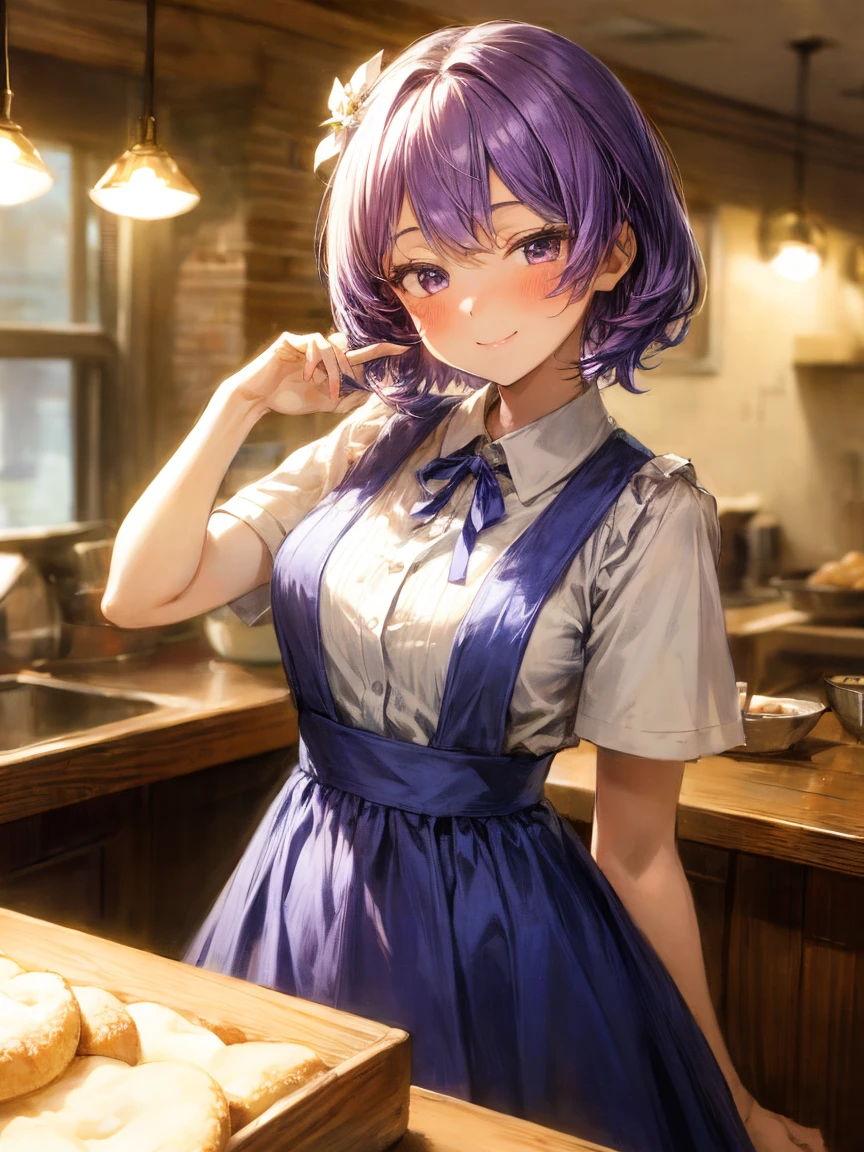 (masterpiece, highest quality:1.2)、(1 girl)、short hair, Purple Hair, crew, Blue ribbon, White shirt, Short sleeve, Blue Skirt, Blue Apron, Gingham Apron, High Waist Skirt, waitress, indoor,bakery,Cafe,blush,smile,Open your mouth, Upper body, leaning forward,