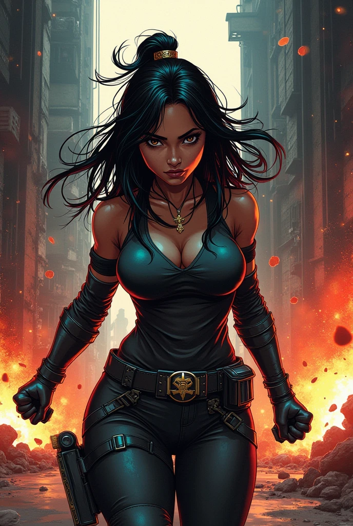 A muscular 35-year-old warrior woman almost naked in the Simon Bisley style for the cover of Heavy Metal magazine, hair half black half white, Minimum clothing, Short clothes,