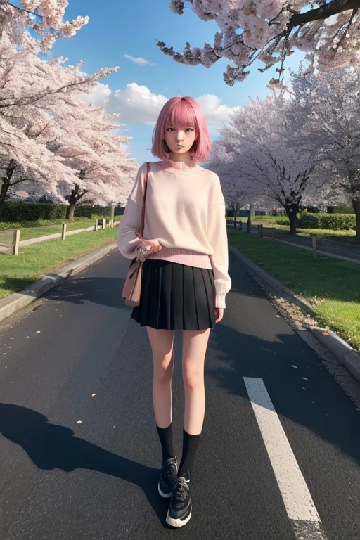 detailed face, cute face, masterpiece, highest quality, Super detailed, figure, Wide-angle, A girl is standing in the middle of the road, alone, The road in the middle and pink cherry blossom trees on the roadside, whole body, 20th Generation, Pink Hair, sweater, Short skirt, fashion,, composition, balance, Harmony, rhythm, color, Light, Shadow, reflection, refraction, tone, Contrast, prospect, Middle Way, background, Naturalistic, Figurative, Expressive.