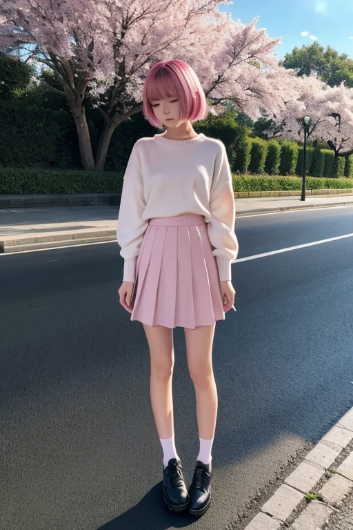 detailed face, cute face, masterpiece, highest quality, Super detailed, figure, Wide-angle, A girl is standing in the middle of the road, alone, The road in the middle and pink cherry blossom trees on the roadside, whole body, 20th Generation, Pink Hair, sweater, Short skirt, fashion,, composition, balance, Harmony, rhythm, color, Light, Shadow, reflection, refraction, tone, Contrast, prospect, Middle Way, background, Naturalistic, Figurative, Expressive.