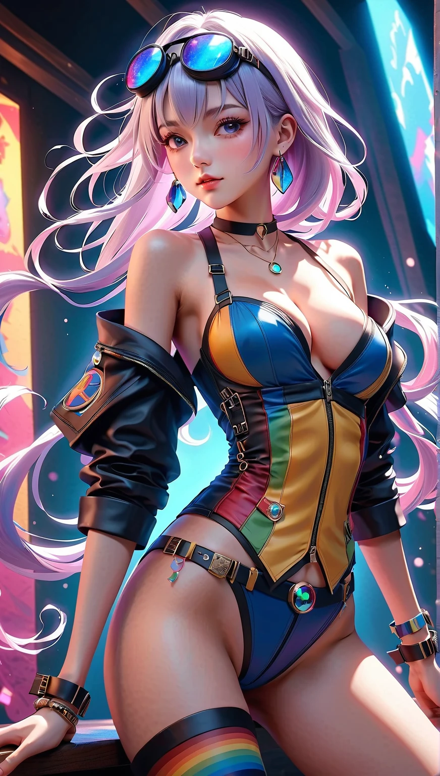 nighttime,long shot,Genshin Impact:Jean,Squatting,(((Wearing vibrant rainbow color scheme art, Suzhou embroidery technology; knitted sweater hole dress))),Masterpiece,best quality,official art,extremely detailed 3DCG unity 8k, ( ##tattoo ##,tattoo, ~+ tattoo), (erfect female curves, huge stacked breast and proud cleavage),(A seductive gaze), Facing the camera, Pink lips,Delicate fingers and hands,magic hour, Rembrandt lighting, front lighting and fill lighting, hard shadow, Arnold render,