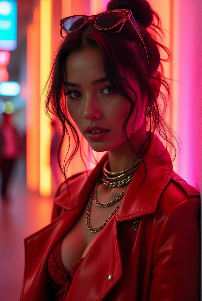 beautiful kpop idol girl wearing a pink hip-hop jacket outfit covered elegantly, her long black hair beauty in ponytail curly, against the backdrop of a graffiti wall during the day