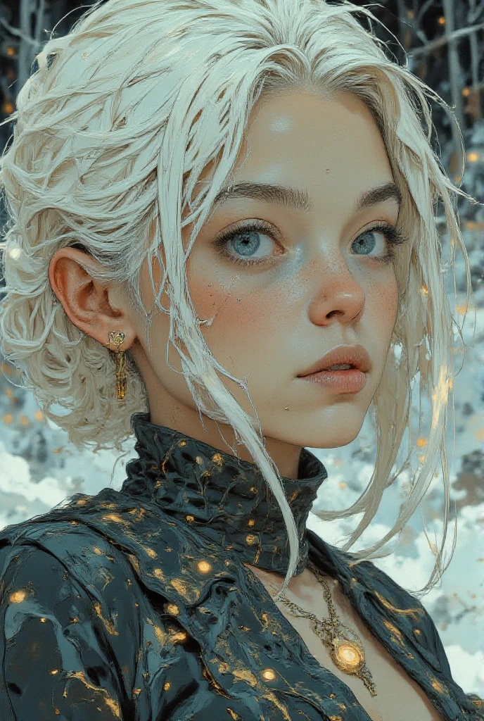 A futuristic, surreal portrait of a biomechanical cyber-woman with intricate, organic, and mechanical elements integrated into her design. She has flowing white hair that seems to merge into a swirling, cloud-like texture, and her skin is porcelain white with delicate golden cracks resembling a network of veins or circuits. She wears elaborate steampunk goggles with golden frames, reflecting a vibrant, abstract cityscape. Her neck and shoulders are adorned with intricate, lace-like patterns resembling a blend of golden filigree and dark organic matter. The overall aesthetic is a fusion of cyberpunk, baroque, and fantasy, with glowing, otherworldly highlights and a soft, ethereal background. The mood is mysterious, elegant, and futuristic.,
