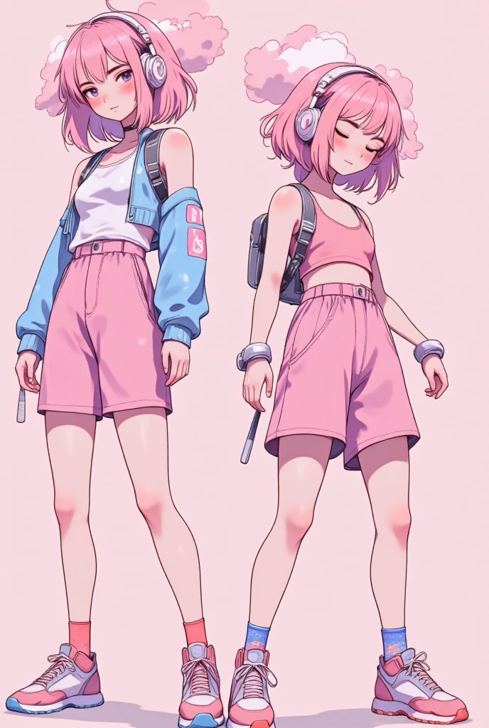  Pink Headphone-Themed Characters,  wear big sneakers ,  cyberpunk,  background is easy to keep ,, Pale  pink hair, Cloud Hair,  LIGHT SMILE, Closed Eyes,  pink hair, Full Body Projection Inset , 超 high res,  high res,  top quality , 8k、 enter text 、walk:1.3、Woman looking at camera 、 cute girl、 robot ,face off, side shot,
