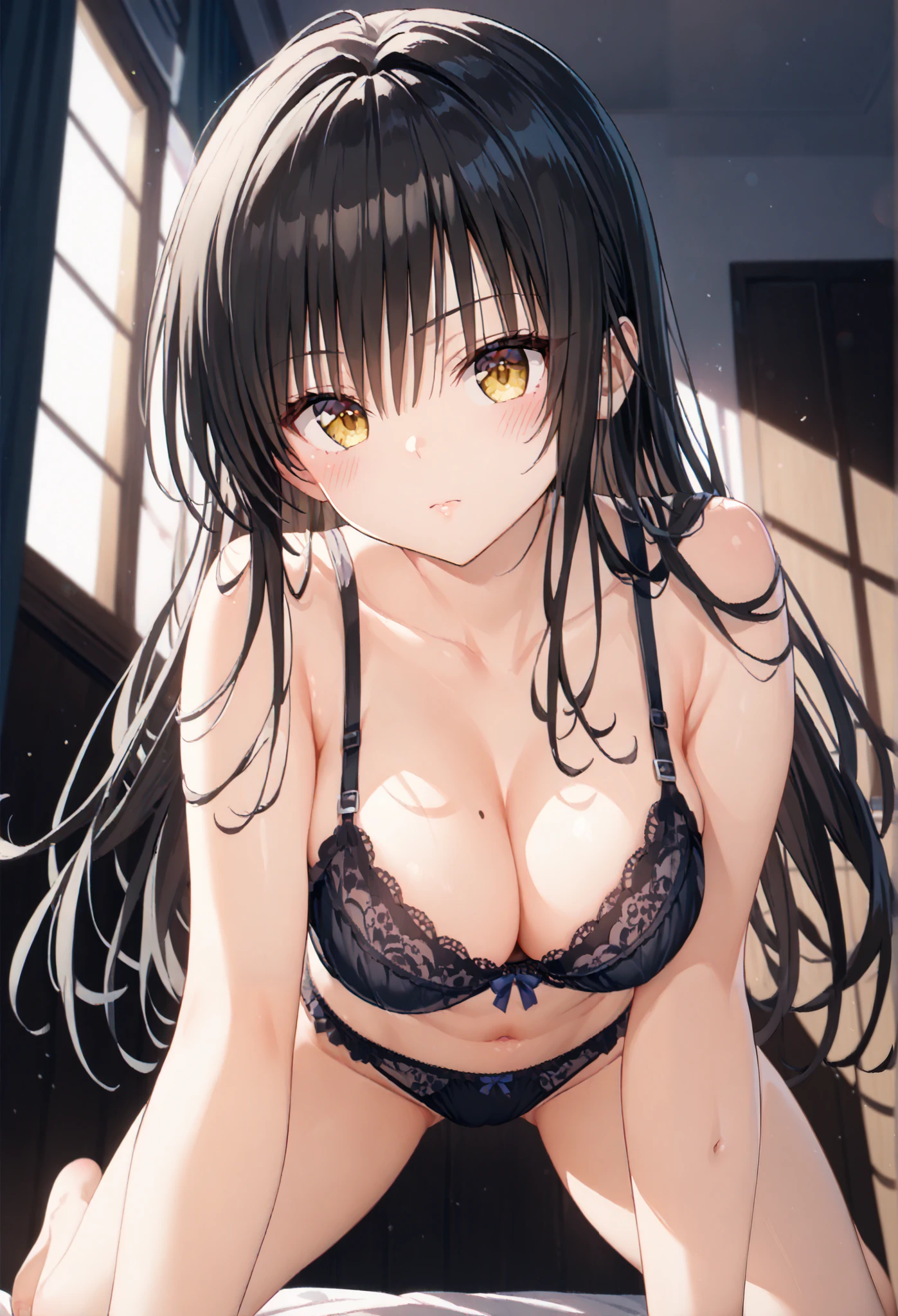 illustrations of a cartoon character in lingerie looking down at the viewer, 1girl, breasts, underwear, bra, blush, solo, panties, black panties, looking at viewer, black bra, long hair, cleavage, yellow eyes, midium breasts, mole on breast, navel, black hair, collarbone,dark room,all fours