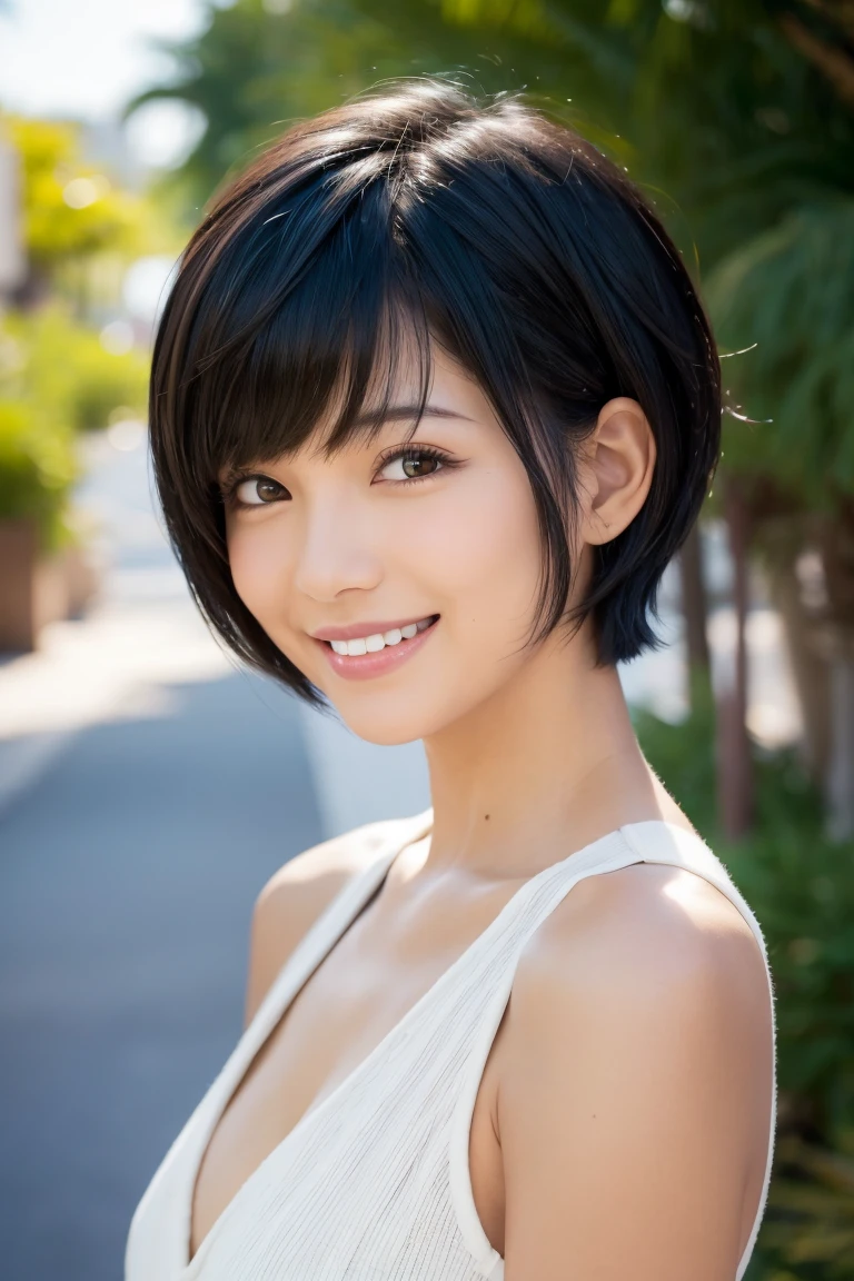 Wearing clothes that emphasize your cleavage、A beautiful woman with a short cut who cooks