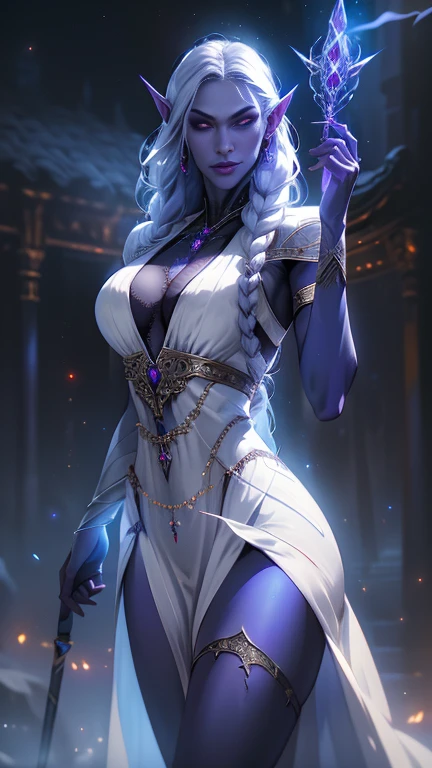 arafed woman in a black and purple outfit holding a knife, thicc, mighty plump female sorceress, goddess. extremely high detail, galactic sized goddess, extremely detailed goddess shot, wlop and rossdraws, cinematic goddess body shot, rossdraws 1. 0, wlop rossdraws, commission for high res, rossdraws 2. 5, white skin, no bra, white hair, cleavage, wide hip. thick thigh