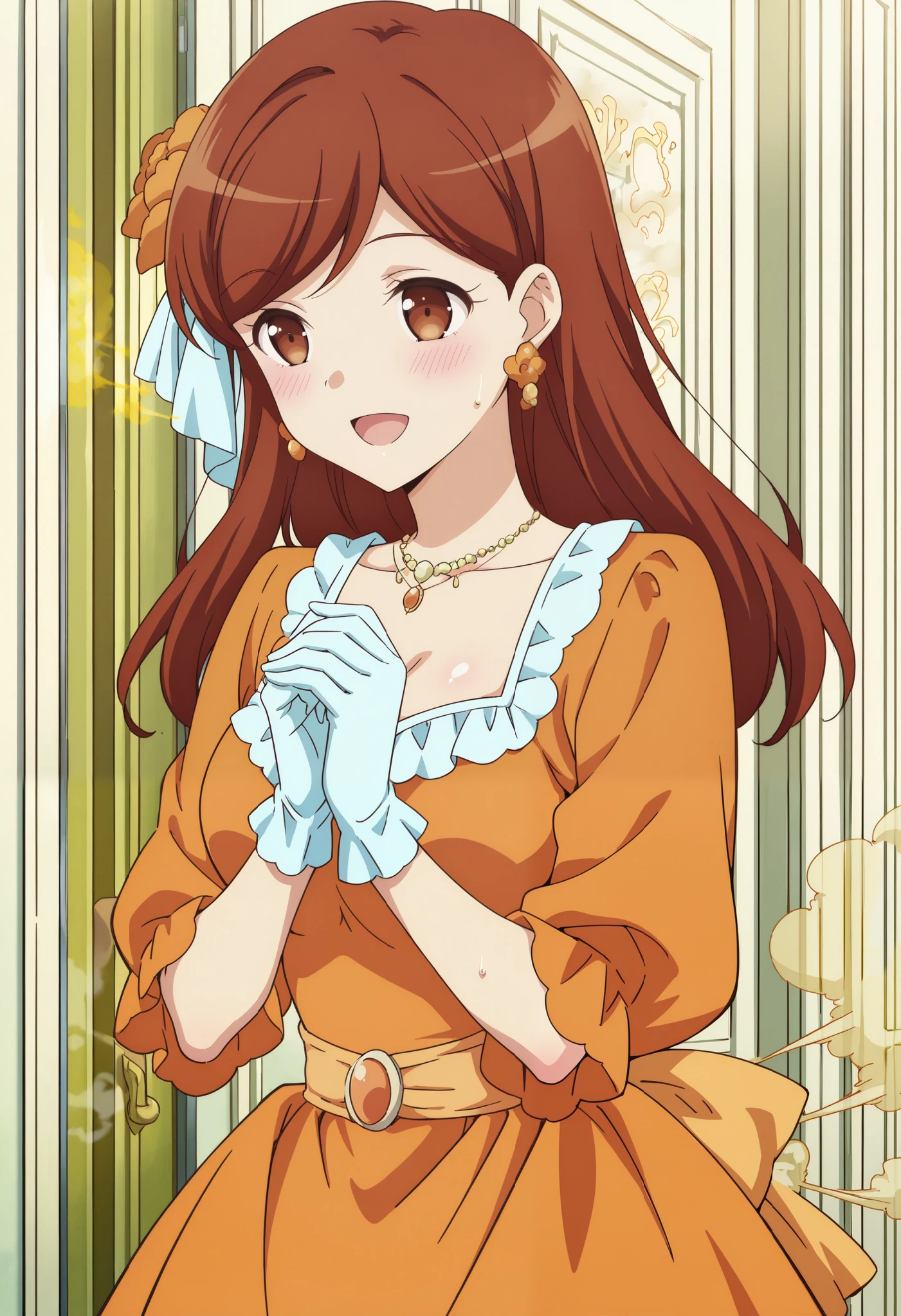 masterpiece, best quality, absurdres, highres, newest, score_9, score_8_up, score_7_up, source_anime, 1girl, solo, mary hunt, long hair, brown hair, brown eyes, jewelry, necklace, orange dress, own hands together, earrings, gloves, flower, sweat, smile, happy, open mouth, blush, shiny skin, stand spilt, ((fart)), ((farting)), anime coloring,