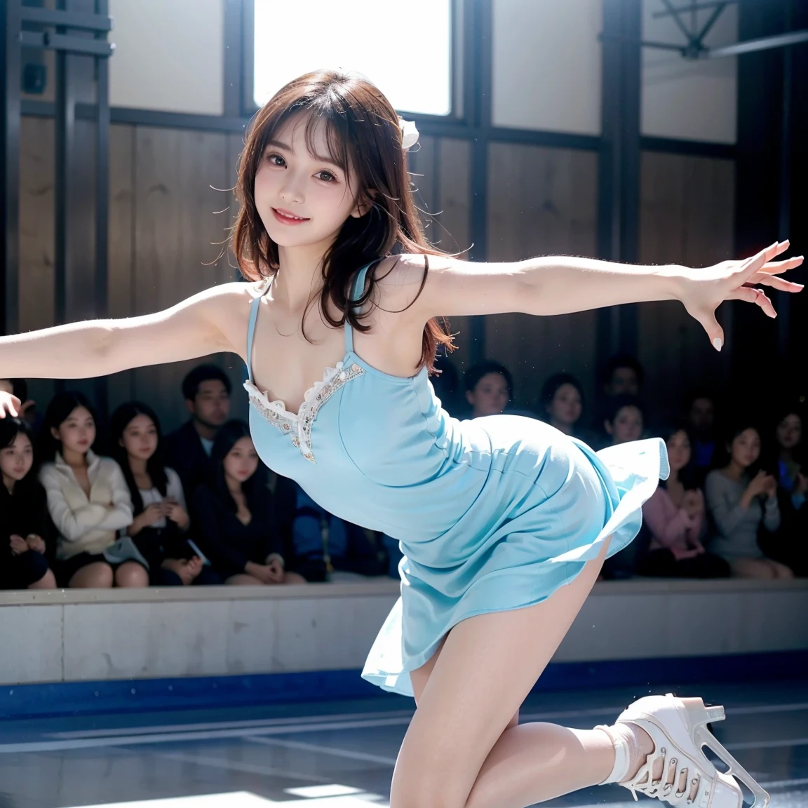  A woman in a light blue short dress is showing off figure skating、I'm wearing skates、 Beautiful and Elegant 、 skating rink、Acting at a figure skating competition 、Looking at the camera、  detailed beautiful eyes 、  cute smile、  a soft and gentle expression 