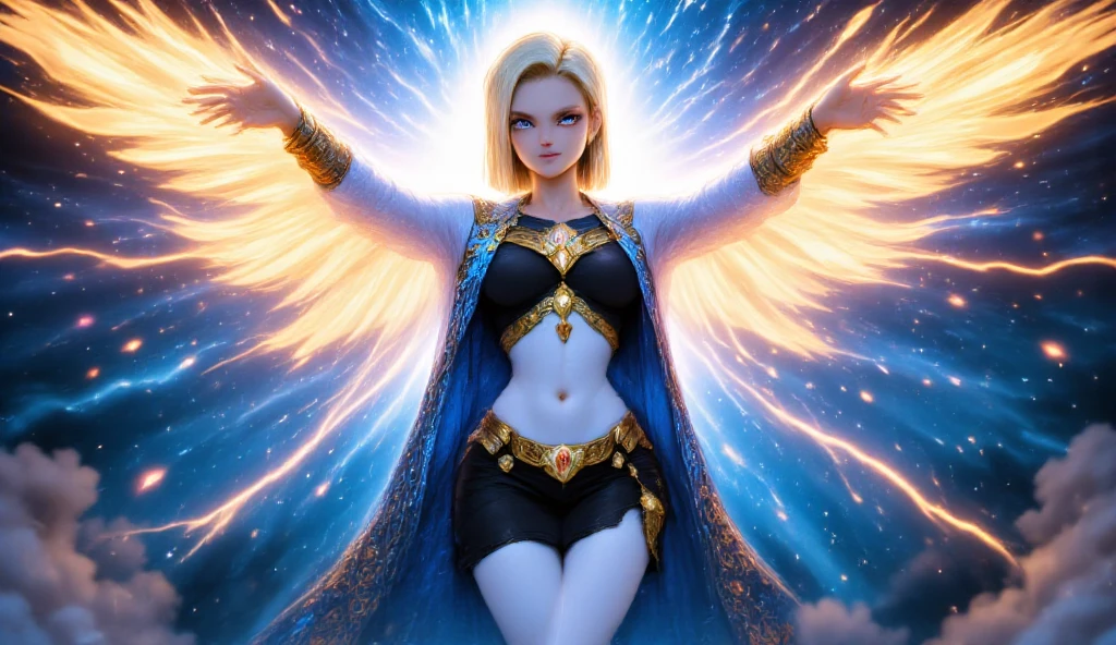 android c 18 as a holy arch angel in beautiful armor and holy magic aura with huge wings, the left wing is water wing and right wing is fire wing