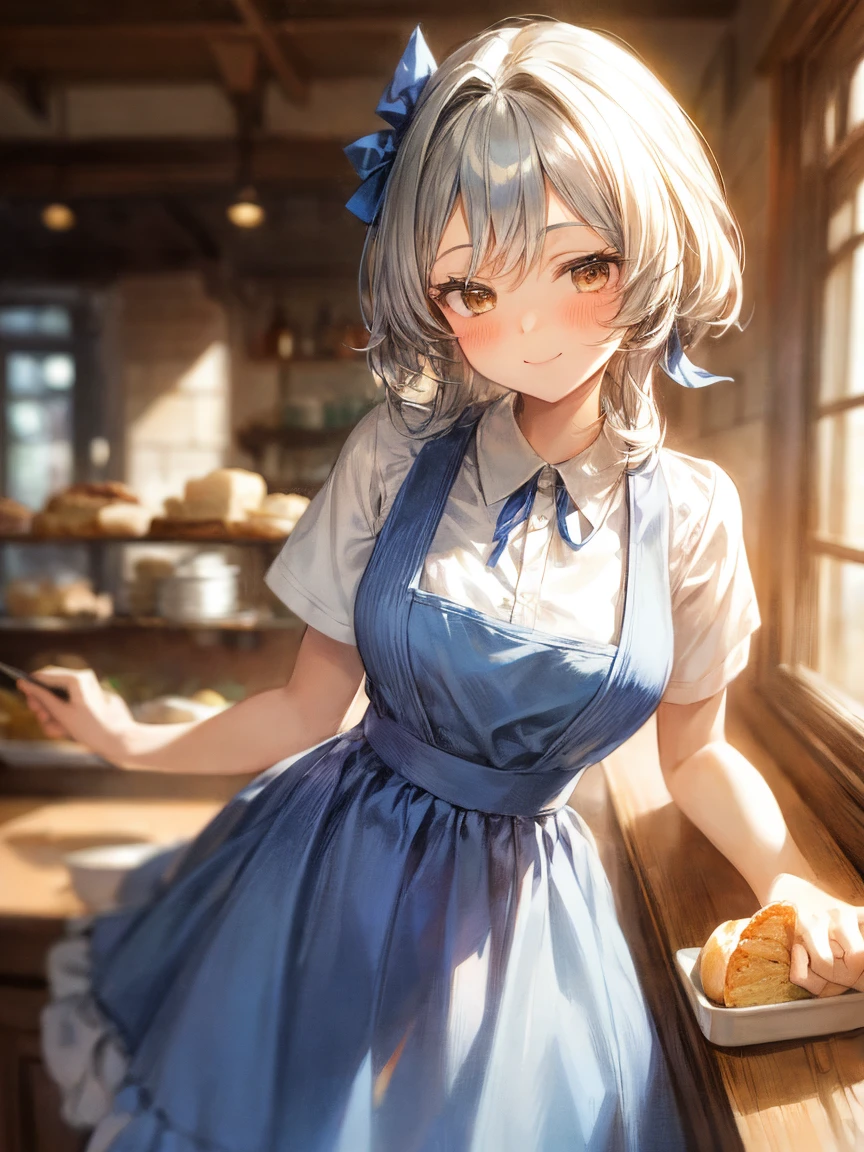 (masterpiece, highest quality:1.2)、(1 girl)、short hair, Silver Hair, crew, Blue ribbon, White shirt, Short sleeve, Blue Skirt, Blue Apron, Gingham Apron, High Waist Skirt, waitress, indoor,bakery,Cafe,blush,smile,Open your mouth, Upper body, leaning forward, Eating bread