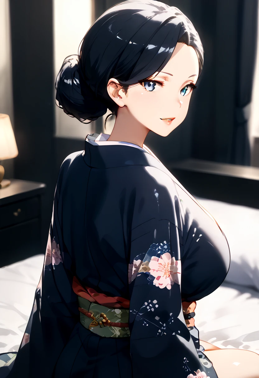 score_9, score_8_up, score_9, shiny skin, shiny,  seductive_smile, open mouth, 
mrs yukinoshita, hair bun, lipstick, kimono,
1girl,solo_focus, shiny skin, gleaming skin, collarbone, eyelashes,  wide_hips, 
huge breasts, breasts, cleavage, thick thighs, bedroom, bed, 
sitting,  from behind, ass focus, looking at viewer, looking back, 