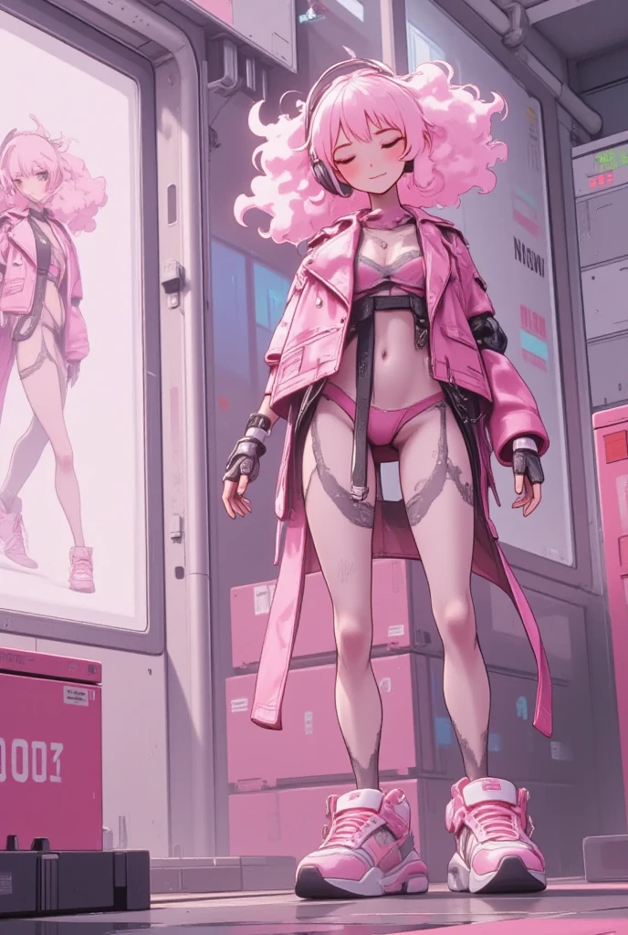  Pink Headphone-Themed Characters,  wear big sneakers ,  cyberpunk,  background is easy to keep ,, Pale  pink hair, Cloud Hair,  LIGHT SMILE, Closed Eyes,  pink hair, Full Body Projection Inset , 超 high res,  high res,  top quality , 8k、 enter text 、walk:1.3、Woman looking at camera 、 cute girl、 robot ,face off, side shot,nsfw,
