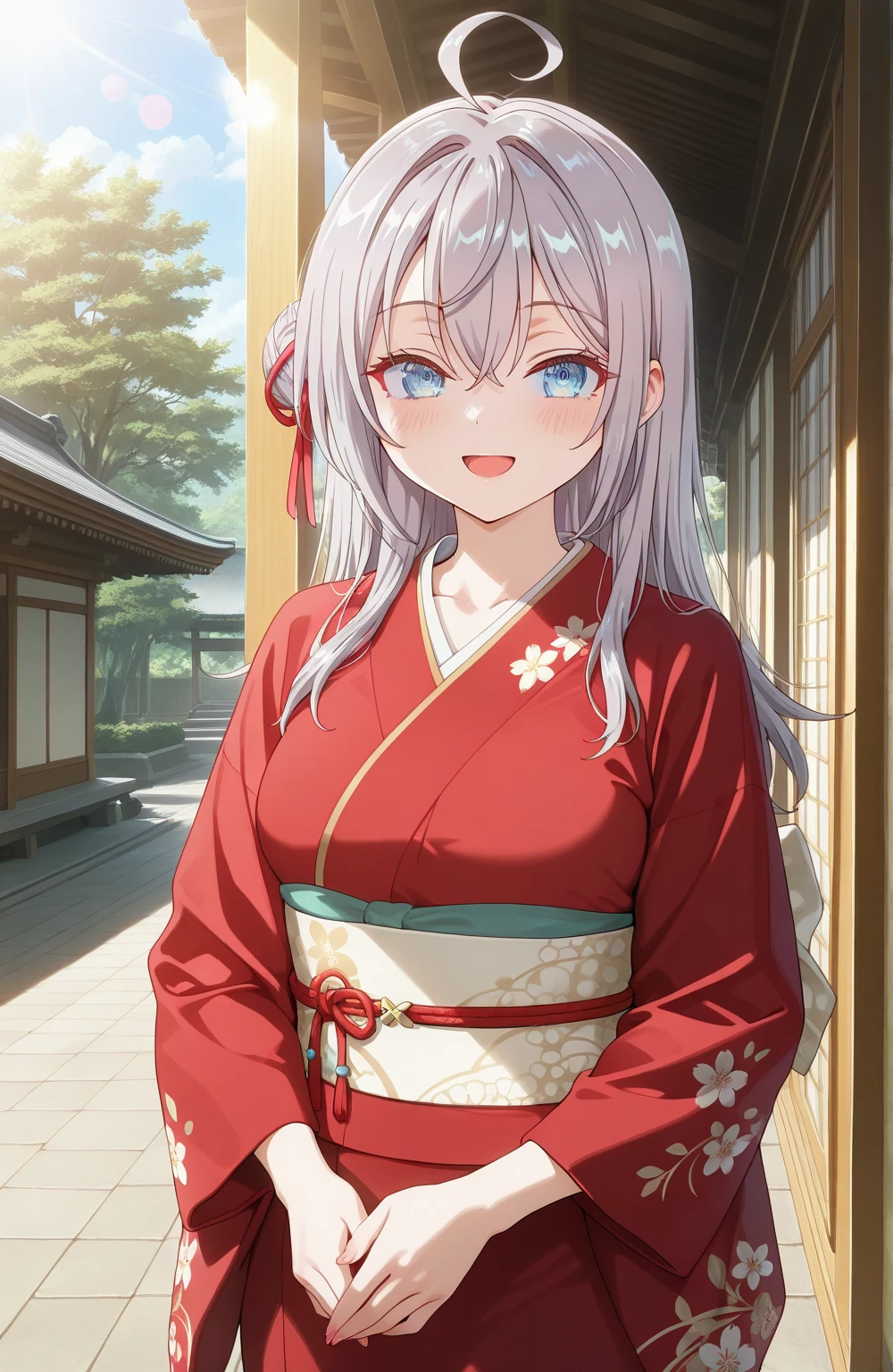 alisa_mikhailovna, (1girl), (grey hair), long hair, tied hair,blue eyes, detailed eyes, ahoge, hair between eyes, bangs, medium breasts, curvy body, makeup, intense blush, collarbone, (sexy smile), Braided hair, low bun hair, curled side hair, luxurious white fur, red kimono, floral Japanese kimono, yellow obi,One red ribbon hair ornament, looking at the viewer, open mouth, squinted eyes, red cheeks, smile,Shrines, Japan's New Year's visit,outdoor,strong backlight, beautiful sunlight, beautiful lighting, lens flare, light leak, Touching illustrations, touching, emotional, like a scene from a movie,beautiful art, beautiful illustrations, best art, beautiful art, amazing art, amazing illustrations, masterpiece,best quality,amazing quality,very aesthetic,absurdres,newest,I have one Japanese ema with a cute dragon on it.