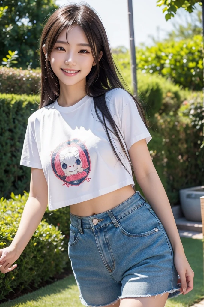 beauty asian woman, finger heart pose, wearing CINTAKU t-shirt, blue jeans, background: landscape of lush forest heaven, sunset,