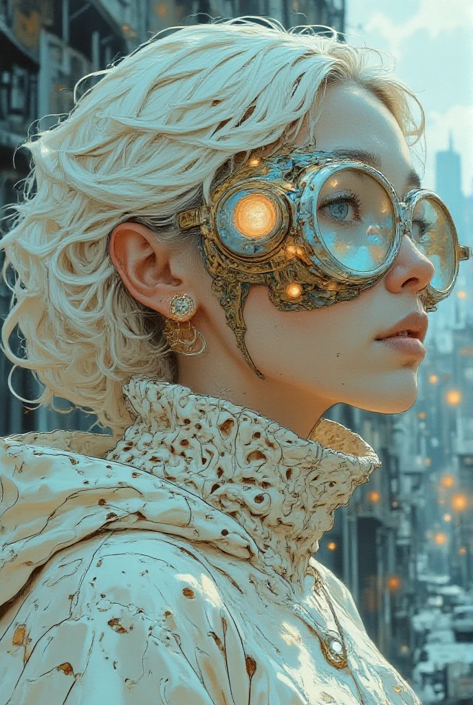 A futuristic, surreal portrait of a biomechanical cyber-woman with intricate, organic, and mechanical elements integrated into her design. She has flowing white hair that seems to merge into a swirling, cloud-like texture, and her skin is porcelain white with delicate golden cracks resembling a network of veins or circuits. She wears elaborate steampunk goggles with golden frames, reflecting a vibrant, abstract cityscape. Her neck and shoulders are adorned with intricate, lace-like patterns resembling a blend of golden filigree and dark organic matter. The overall aesthetic is a fusion of cyberpunk, baroque, and fantasy, with glowing, otherworldly highlights and a soft, ethereal background. The mood is mysterious, elegant, and futuristic.,
