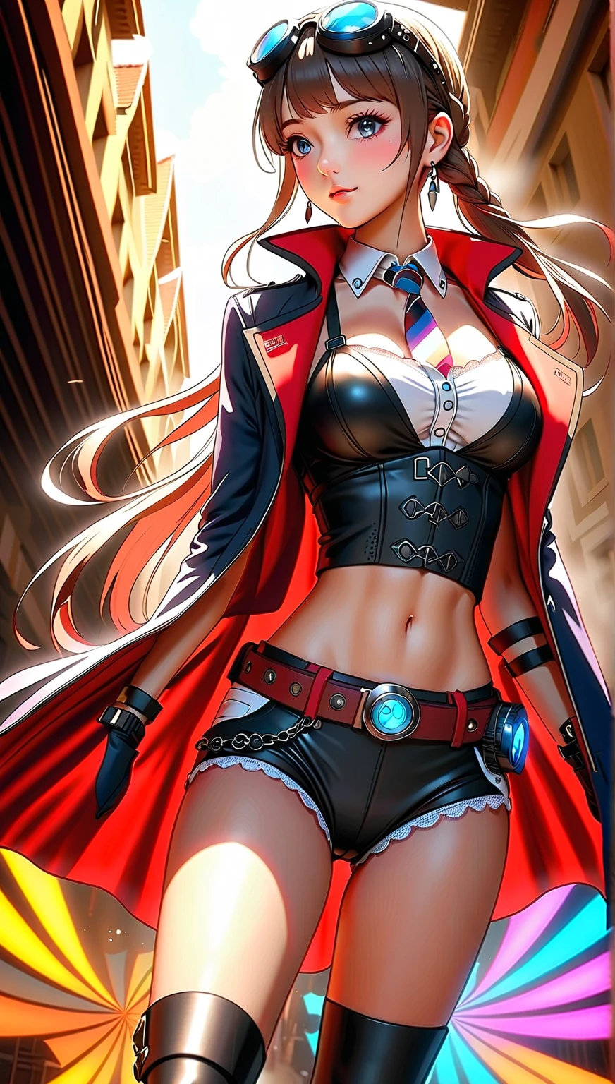 young girl, longue blonde hair, high ponytail, cat ears, violet eyes, red leather jacket, briefs, open belly, open breasts, tattoo, Scars, smirk, cigarette, Masterpiece, hiquality