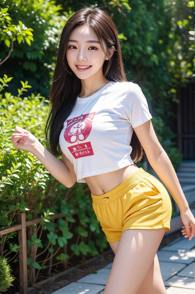 Japan girl with idol face、with round face、tits out、With bangs、a baby face、17 years old Part-time job、Cafe Restaurant、NSFW、爆乳、Ultramammy、teats、 piece sign、ハンドジョブ、Micro Panties、((Uniform that emphasizes breasts：1.5))、(Orange Mini Apron)、(Orange high-waisted miniskirt)、(((Orange Underbust Shirt)))、(White shirt)、Short ponytail、bangss、M-shaped legs、​masterpiece、top-quality、ighly detailed、Front view、Lie down、waitresses、Sales Smile、Micro shorts、bottom less、The skirt fits the body、Food Carrying Pose、(((Panchira:1.2)))、????????、?????? is visible、pubic hair sticks out、Dynamic Poses、(emphasis on the buttocks:1.5)、(Look:1.2)、(crouching down:1.2), NSFW grin