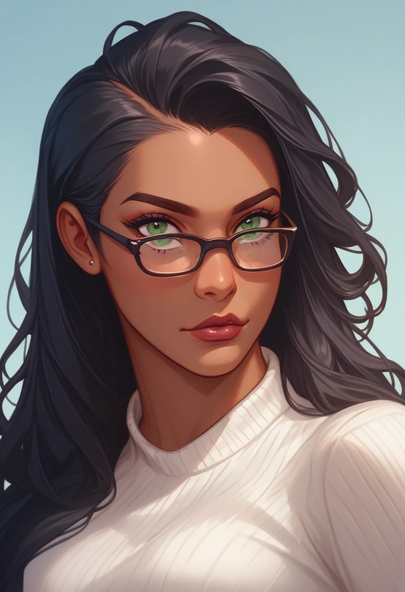 1 woman, airhead but very intelligent, mixed race Latina, olive green eyes,tan skin ,dark complexion, straightened and tied long black hair,nerd, glasses, comics style , smart 