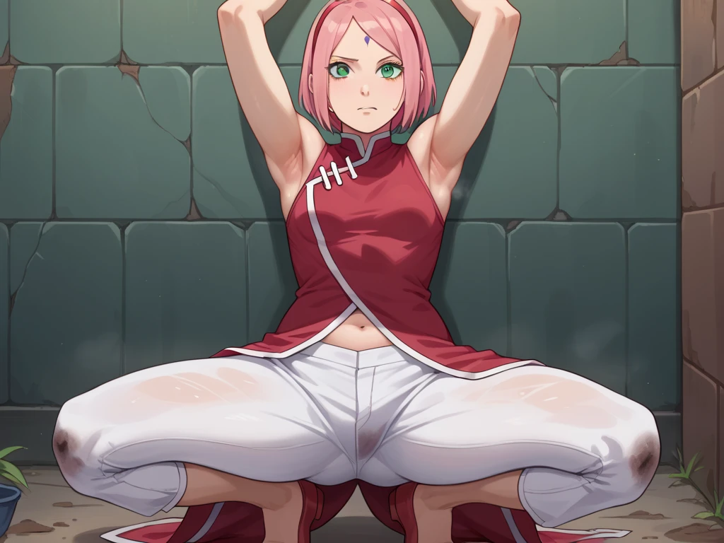 score_9, score_8_up, score_7_up,,nsfw, 1girl, Haruno Sakura, pink hair, short hair, green eyes, forehead mark, hairband,
red sleeveless dress, navel, small breasts, white pants,In a dirty alley  ,Armpit,Armpit wrinkles,Armpit smell,Armpit juice,arms up,stretch, is seducing,(beautiful body),Squat down, 