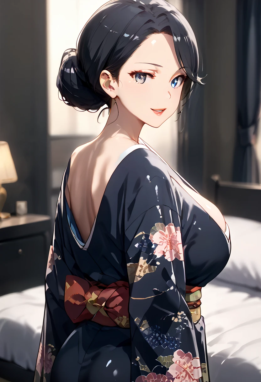 score_9, score_8_up, score_9, shiny skin, shiny,  seductive_smile, open mouth, 
mrs yukinoshita, hair bun, lipstick, kimono,
1girl,solo_focus, shiny skin, gleaming skin, collarbone, eyelashes,  wide_hips, 
cowboy shot, huge breasts, breasts, cleavage, thick thighs, bedroom, bed, 
from behind, ass focus, looking at viewer, looking back, 