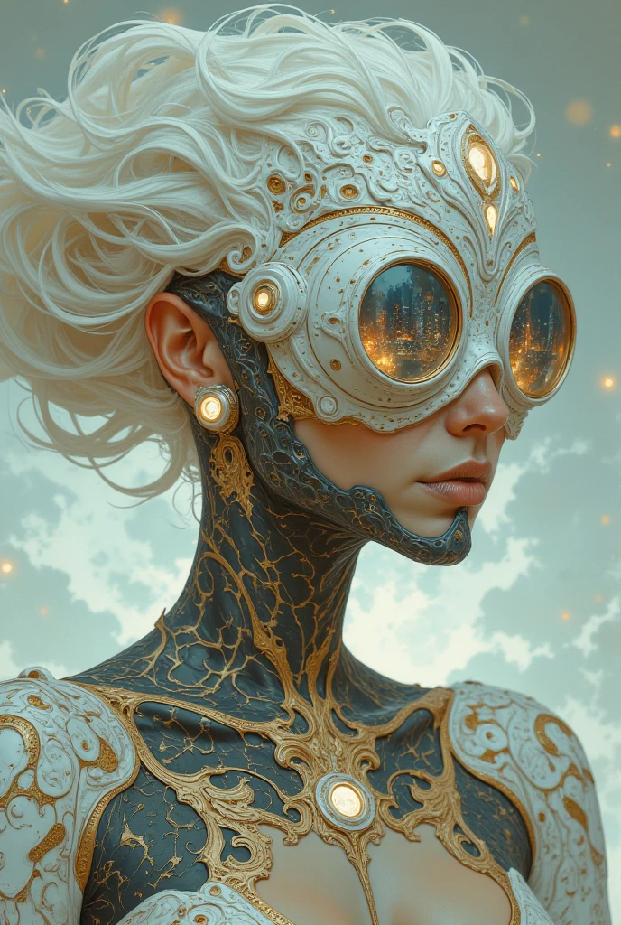 A futuristic, surreal portrait of a biomechanical cyber-woman with intricate, organic, and mechanical elements integrated into her design. She has flowing white hair that seems to merge into a swirling, cloud-like texture, and her skin is porcelain white with delicate golden cracks resembling a network of veins or circuits. She wears elaborate steampunk goggles with golden frames, reflecting a vibrant, abstract cityscape. Her neck and shoulders are adorned with intricate, lace-like patterns resembling a blend of golden filigree and dark organic matter. The overall aesthetic is a fusion of cyberpunk, baroque, and fantasy, with glowing, otherworldly highlights and a soft, ethereal background. The mood is mysterious, elegant, and futuristic.,
