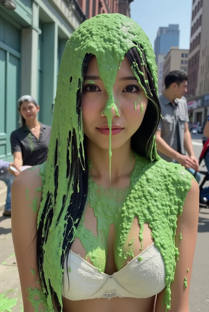 DSLR photograph. Beautiful Korean woman covered in green water. 30 year old. Korean. Photorealistic. Nasty slime. Raw photo. New York City. Green Slime. Wearing white lace push-up bra. Black hair. (Korean woman: 1.1). Beautiful korean face. Black eyeliner. Long eyelashes. Asian eyes. Monolid eyes.