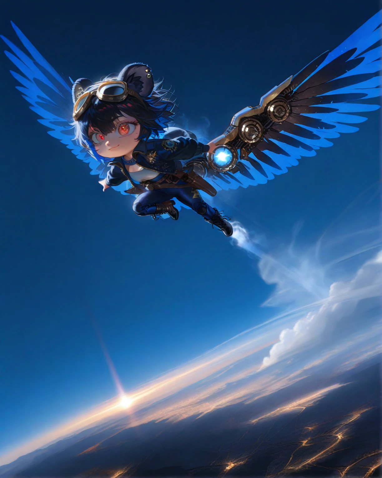 (solo:1.2),1girl\(big smile, cute, (chibi:1.4), big eye, (red eye:1.3), (black Koala ears:1.2), hair\(short hair,black hair, (inner colored blue:1.3)\), (big wings\(classical (steam-punk:1.2) mechanical wing\):1.2), (worn-out flight jacket\(top-gun\):1.2), pilot-suit, leather short boots, holster at legs, steam-punk pilot goggles, dynamic pose,(flying:1.3), at sky\). dynamic angle, longshot. BREAK .background\(high altitude sky, futuristic airplanes, futuristic cityscape.screen cap of steampunk movie\). BREAK .quality\(8k,wallpaper of extremely detailed CG unit, high resolution, top-quality, top-quality real texture skin, hyper realistic, increase the resolution, RAW photos, best quality, highly detailed, the wallpaper, golden ratio, high saturation realism, vibrant colors, dramatic lighting, persuasive storytelling, atmospheric scenery, captivating visuals, intricate details, strong emotions, dreamlike world\).(motion blur:1.3)