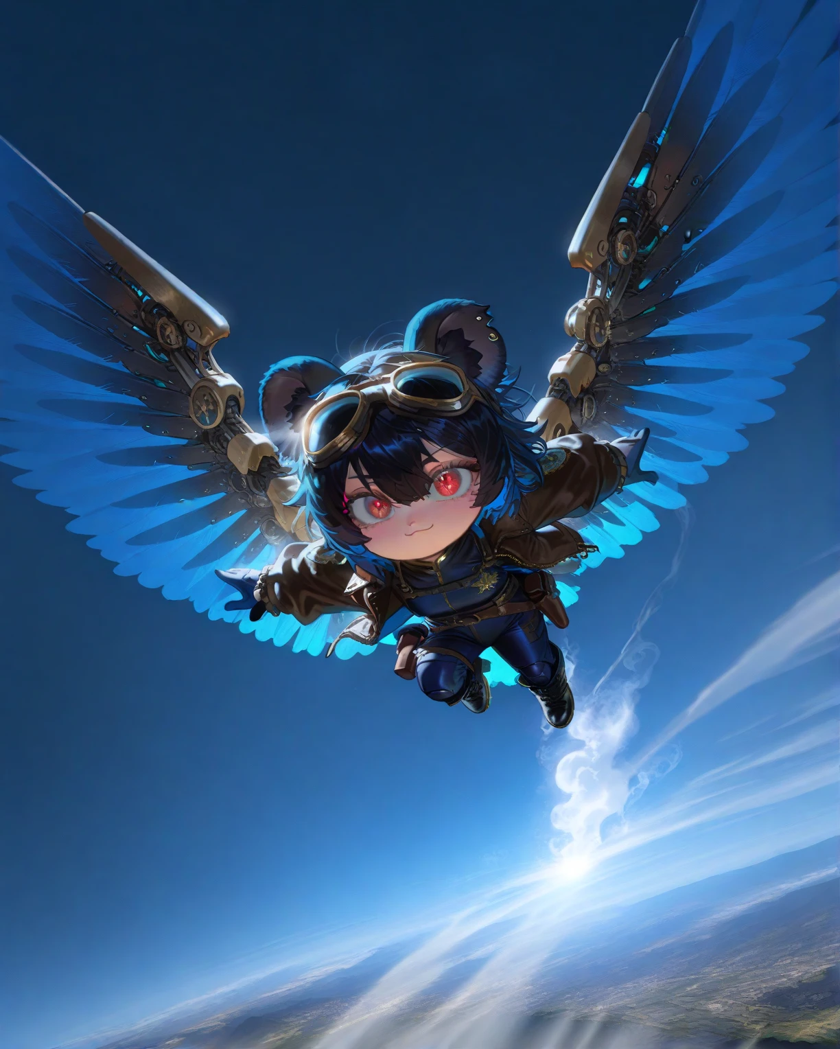 (solo:1.2),1girl\(big smile, cute, (chibi:1.4), big eye, (red eye:1.3), (black Koala ears:1.2), hair\(short hair,black hair, (inner colored blue:1.3)\), (big wings\(classical (steam-punk:1.2) mechanical wing\):1.2), (worn-out flight jacket\(top-gun\):1.2), pilot-suit, leather short boots, holster at legs, steam-punk pilot goggles, dynamic pose,(flying:1.3), at sky\). dynamic angle, longshot. BREAK .background\(high altitude sky, futuristic airplanes, futuristic cityscape.screen cap of steampunk movie\). BREAK .quality\(8k,wallpaper of extremely detailed CG unit, high resolution, top-quality, top-quality real texture skin, hyper realistic, increase the resolution, RAW photos, best quality, highly detailed, the wallpaper, golden ratio, high saturation realism, vibrant colors, dramatic lighting, persuasive storytelling, atmospheric scenery, captivating visuals, intricate details, strong emotions, dreamlike world\).(motion blur:1.3)