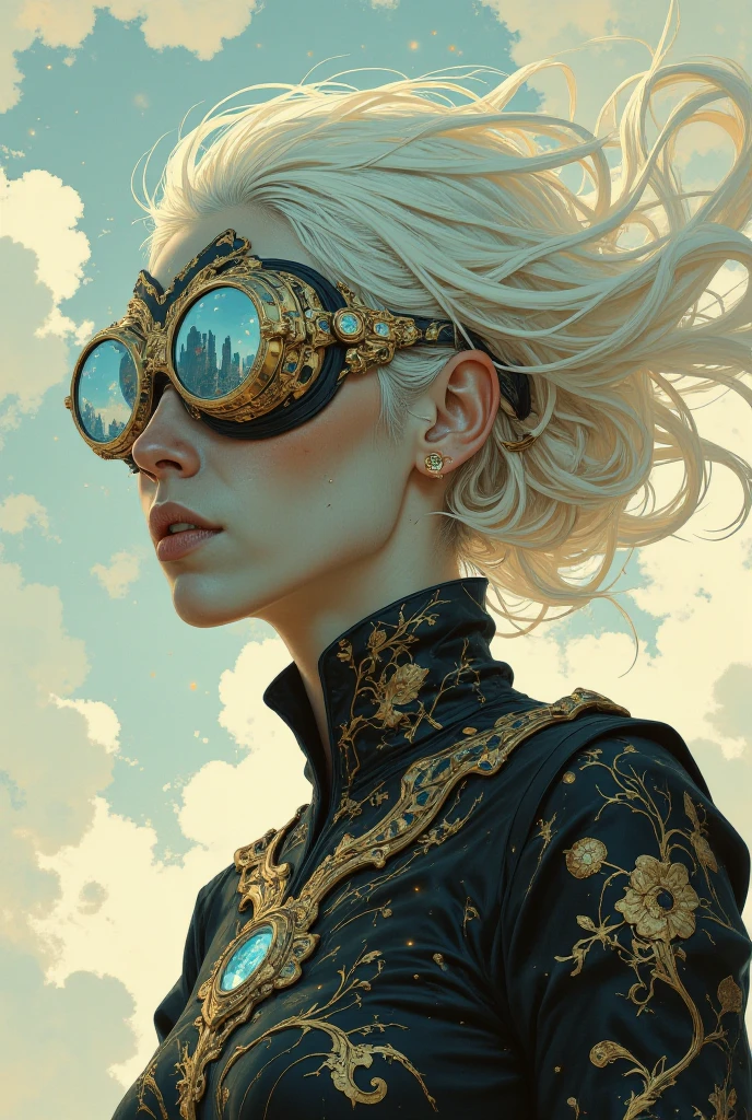 A futuristic, surreal portrait of a biomechanical cyber-woman with intricate, organic, and mechanical elements integrated into her design. She has flowing white hair that seems to merge into a swirling, cloud-like texture, and her skin is porcelain white with delicate golden cracks resembling a network of veins or circuits. She wears elaborate steampunk goggles with golden frames, reflecting a vibrant, abstract cityscape. Her neck and shoulders are adorned with intricate, lace-like patterns resembling a blend of golden filigree and dark organic matter. The overall aesthetic is a fusion of cyberpunk, baroque, and fantasy, with glowing, otherworldly highlights and a soft, ethereal background. The mood is mysterious, elegant, and futuristic.,
