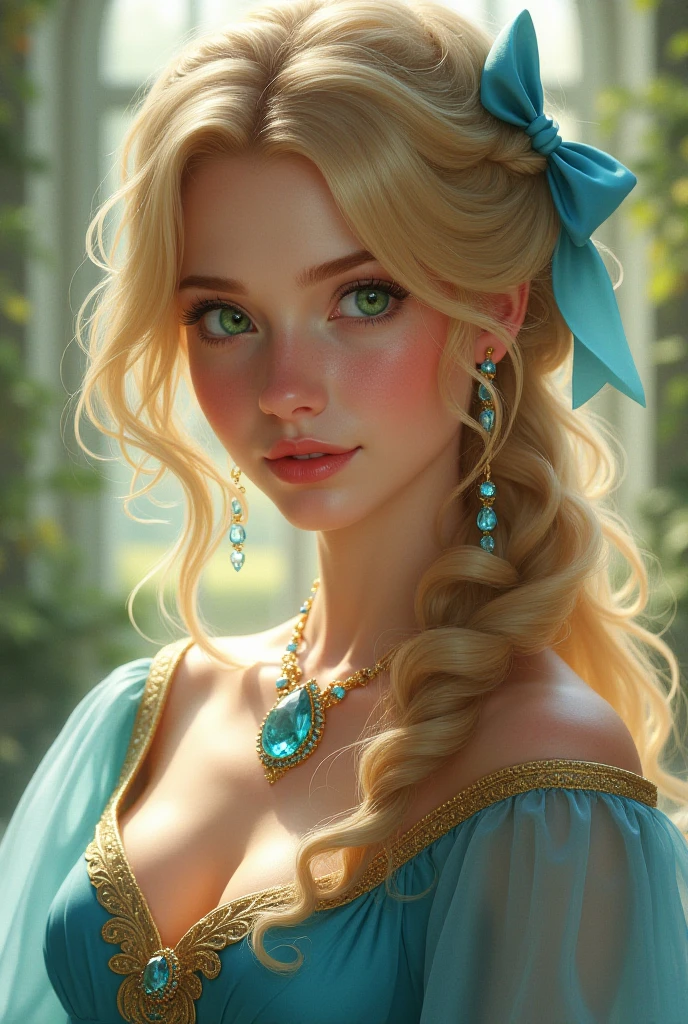 Make an ultra realistic image of a 23 year old princess,white,with a blue dress,tails,clear green eyes,chubby mouth,tied hair with bangs