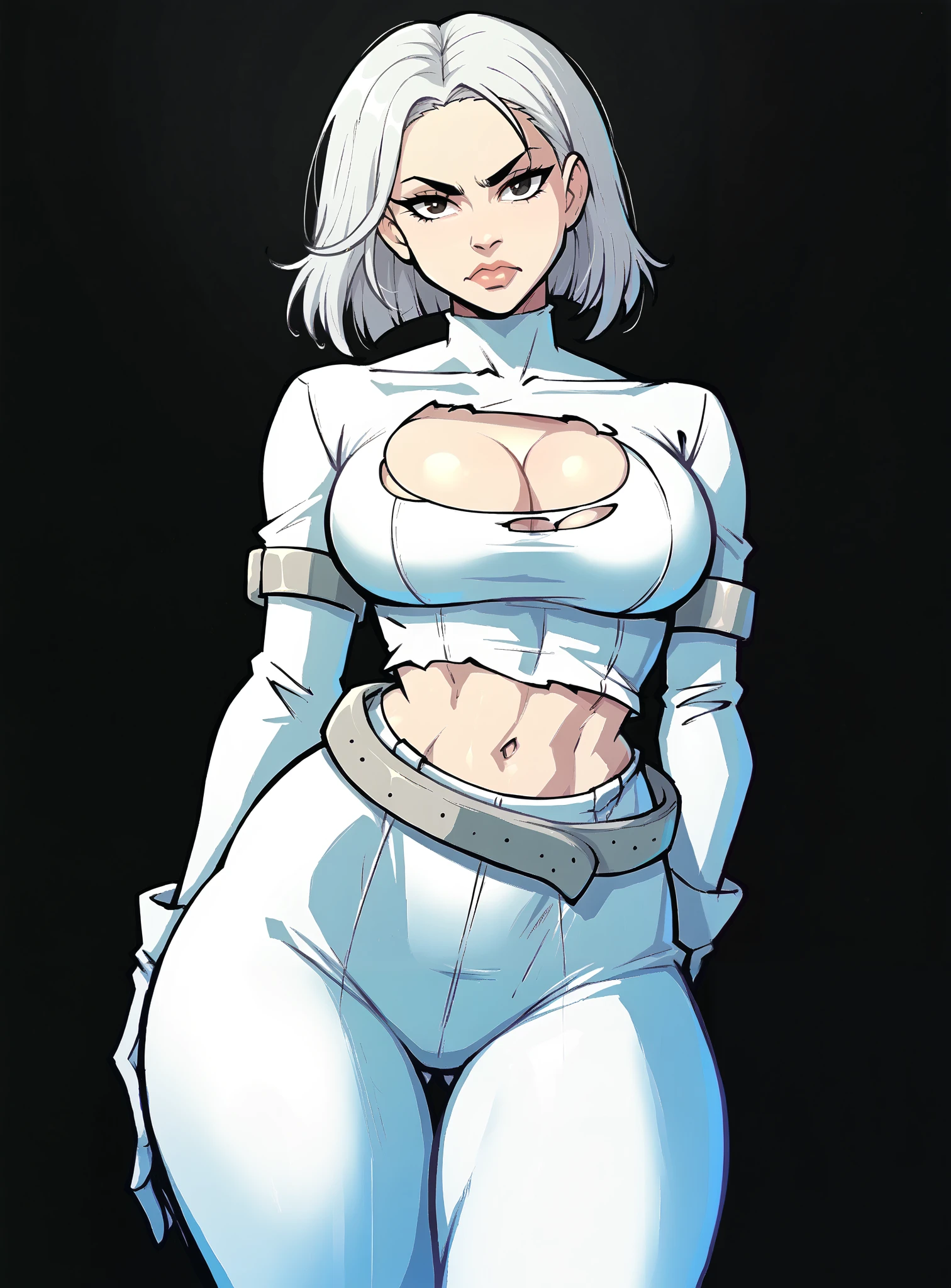 zPDXL2, source_anime,
  black background, 
cowboy shot,
fontezxl , thighs, 
Padmexl white jumpsuit , 1 , Alone,  looking at the viewer,  big boobs, 
 white pants ,body branco, belt, coldre,  cleavage, short white hair ,  Torn clothes, diaphragm, navel,  big ass, white gloves,
 