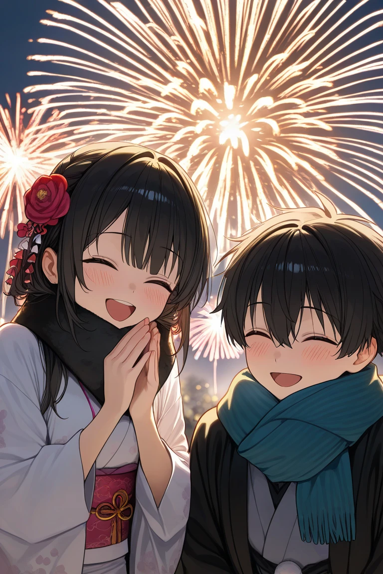 black hair girl and boy, celebrating new year, while holding a fireworks.