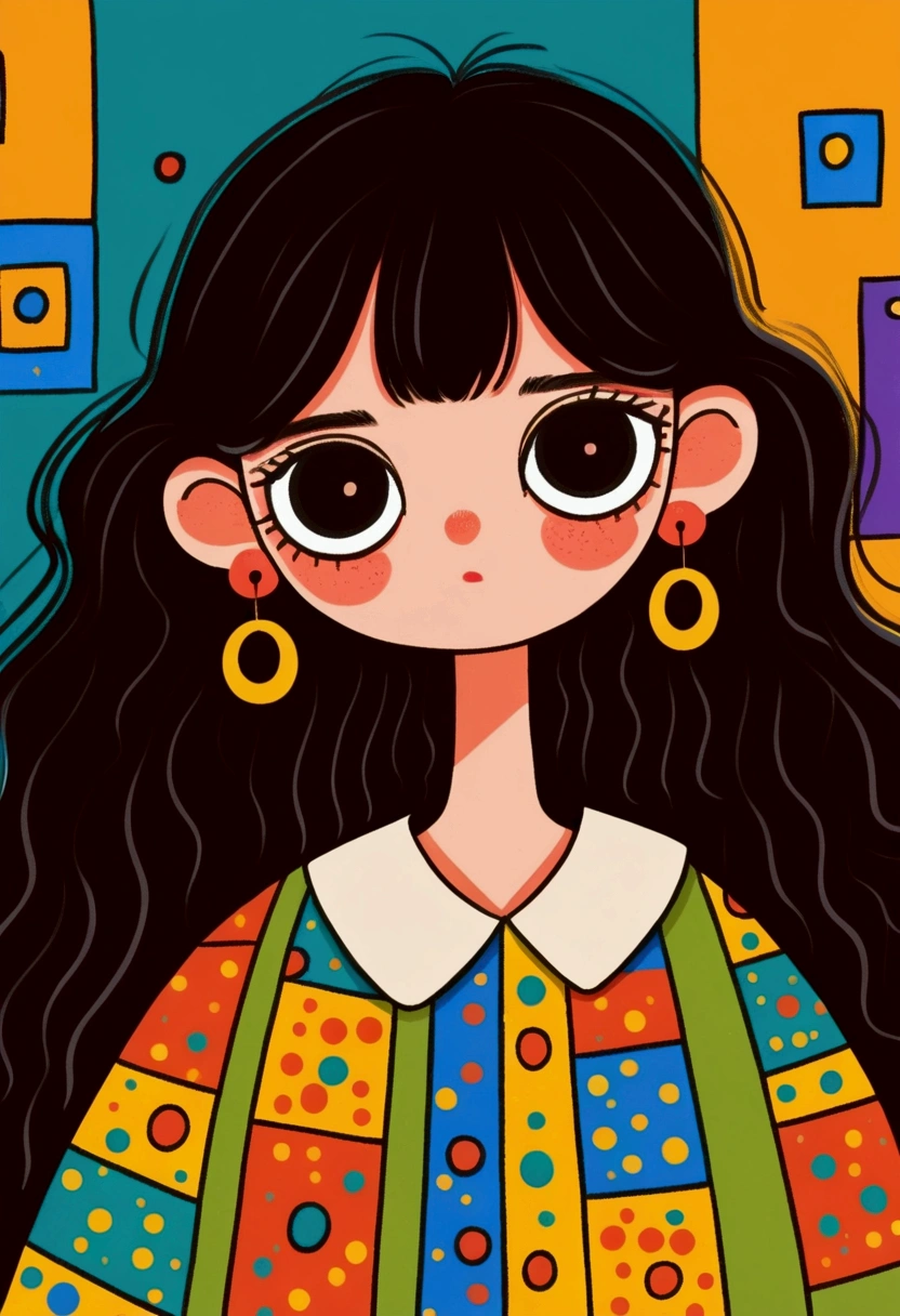 Flat wind，vector， childish art cartoon ， brunette big earrings anime girl, big eyes， Lovely expression ， bangs， minimalism，Blouse with a large collar，Patchwork，Lovely art style,  colorful! Digital illustration style, Mathematical Art.  colorful comic,   hand-drawn cartoon art style， solid color background，Black Line