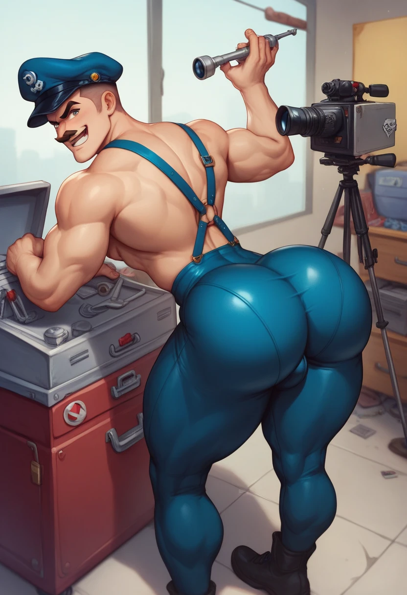 a fitness muscular hunk man in a yellow hard hat and blue transparent wet thong is standing in a ]locker room, in a planet fitness, in a gym, high quality illustration,, thicc, , bum, casual, spongebob in real life, snapchat photo, derriere, thick thighs, stocky beefy musculine body, big biceps, big shiny wet butts bum, he was wearing blue transparent long socks upto his knees, white sneakers, changing room locker room environment, fined and high detailed quality illustration art, he is opening locker with his left hand, white flawless skin, shiny wet sweaty skin, hot look