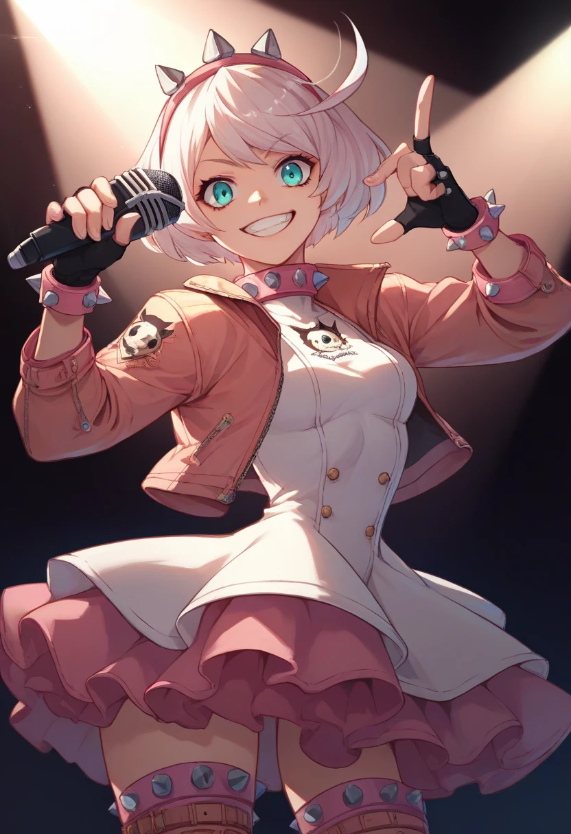 score_9, score_8_up, score_7_up, source_anime, solo, 1girl, striveelphelt, grin, looking at viewer, holding microphone, ahoge, hairband, jacket, dress, fingerless gloves, thighhighs, spiked collar, spiked bracelet, spotlight 