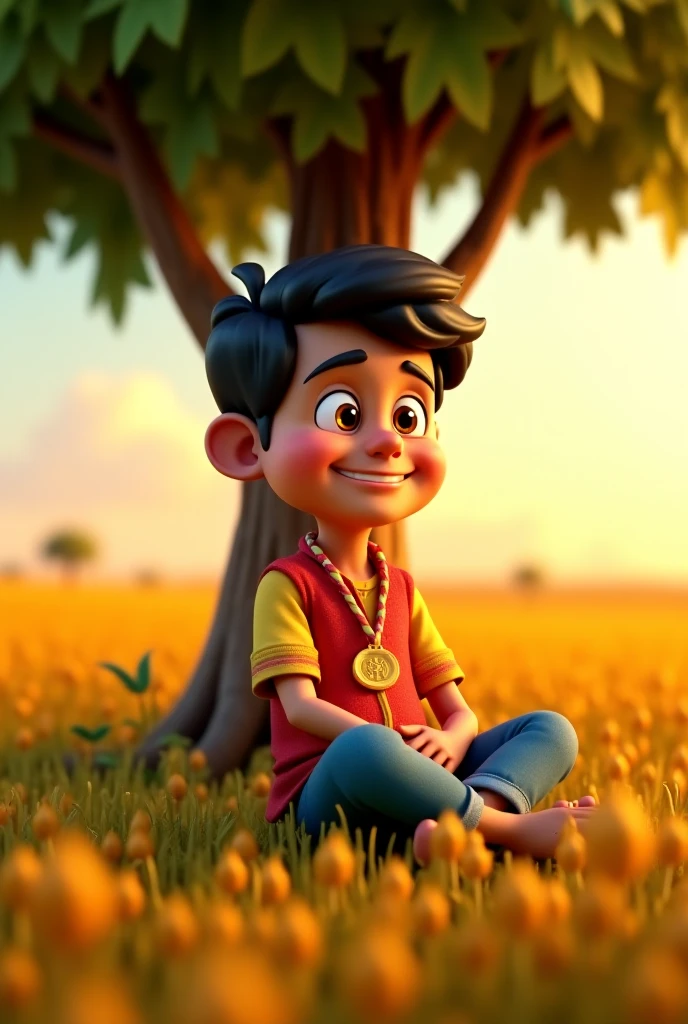 boy sitting in the garden on beautiful landscape name Rajveer on his t-shirt 