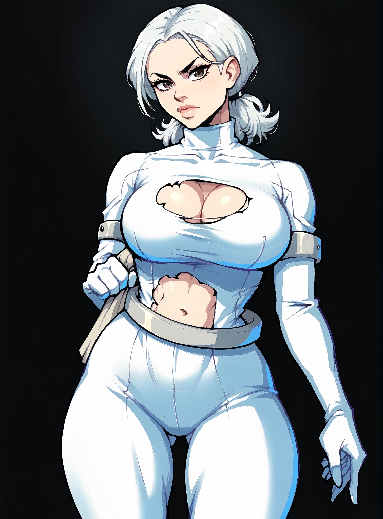 zPDXL2, source_anime,
  black background, 
cowboy shot,
fontezxl , thighs, 
 padmexl white jumpsuit , 1 , Alone,  looking at the viewer,  big boobs, 
 white pants ,body branco, belt, coldre,  cleavage, short white hair , Super torn clothes , diaphragm, navel,  big ass,  white gloves mini went out  