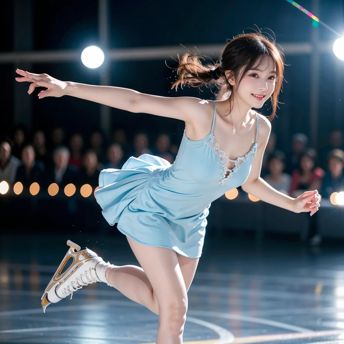  A woman in a light blue short dress is showing off figure skating、I'm wearing skates、 Beautiful and Elegant 、 skating rink、Acting at a figure skating competition 、Looking at the camera、  detailed beautiful eyes 、  cute smile、  a soft and gentle expression 