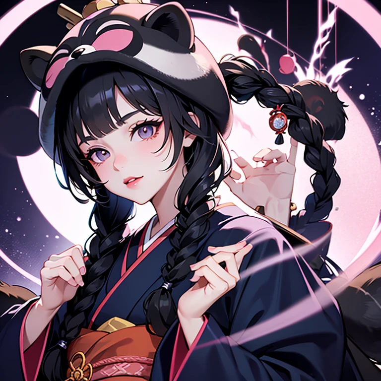 Raccoon dog hat ,long black braids,amber-colored eyes,Baby Face, pink lips, blue gorgeous Japanese kimono , with a magic circle floating on his hands,