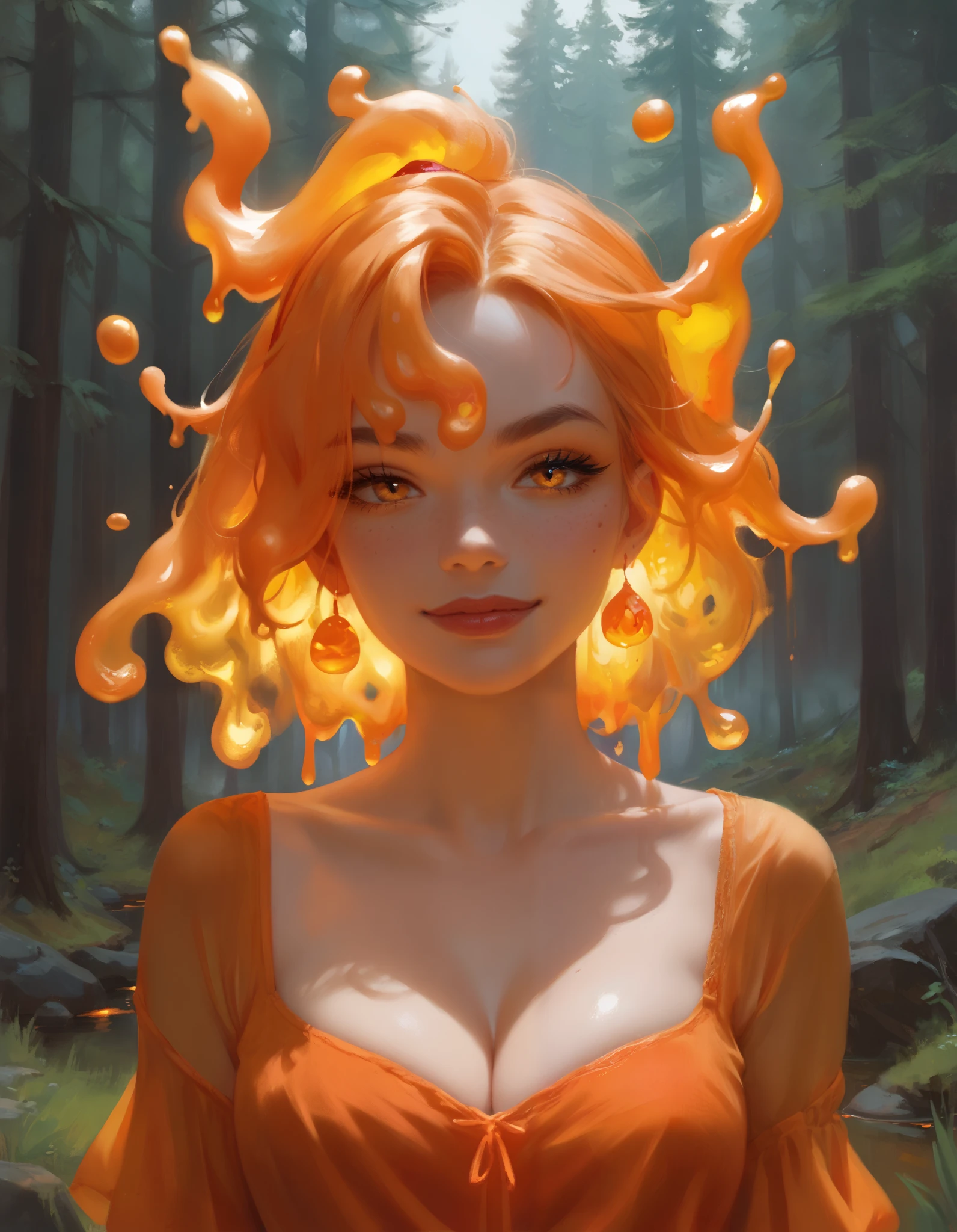 score_9, score_8_up, score_7_up, safe, 1girl, orange slime girl, dragon girl, fire magic out of her hand, cleavage, portrait, smirk, cinematic, dynamic, fire forest, lava, 